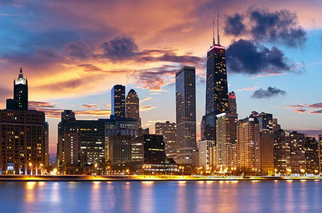 Daytime cityscape of Illinois featuring skyscrapers and metropolitan high-rise buildings