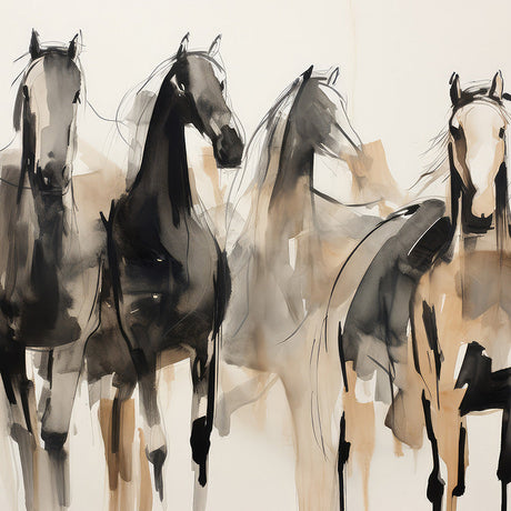 Watercolor painting wall art featuring a herd of mustang horses, ideal as a canvas print for lovers of pack animals.