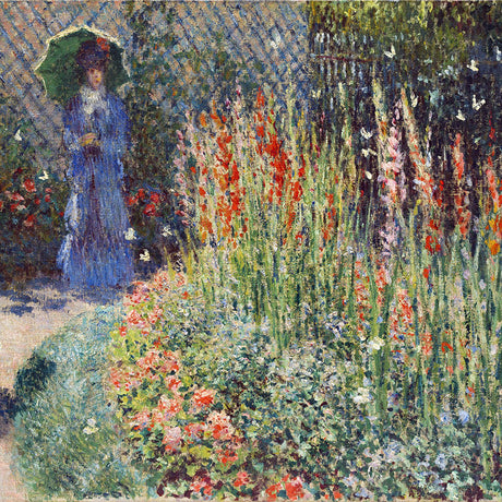Impressionist garden painting with blooming flowers and a woman in blue holding a green parasol, ideal for floral wall art decor.