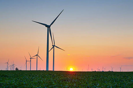 Dusk sunset over Indiana ecoregion, featuring wind turbines and windmills in an electricity producing field