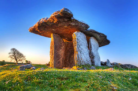 Megalithic monolith and boulder outcrop wall art from Ireland's world heritage site on steppe grassland