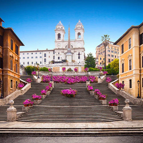 Medieval and classical architecture in Italian plaza with fountain and palm trees wall art