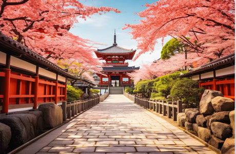 Red Japanese temple pagoda, landmark with Chinese architecture influences, amidst spring blossom