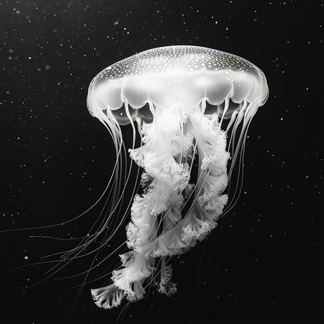 Jellyfish wall art featuring an elegant white jellyfish floating in dark water with delicate tentacles, minimalist ocean artwork for modern coastal decor