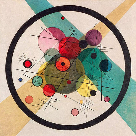 Colorful abstract Kandinsky wall art featuring geometric circles, lines, and bold contrasts inside a black ring — Kandinsky wall art collection for modern interiors.