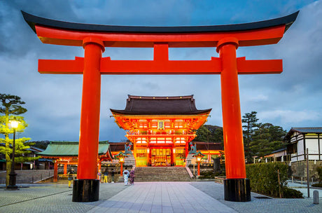 Red Torii gate at a Shinto shrine in Kyoto, springtime Japanese temple landmark