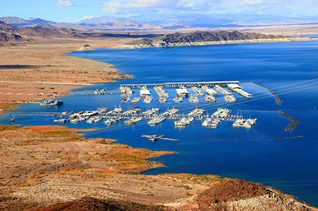Boat Marina at Lake Mead, showcasing water resources and coastal landforms