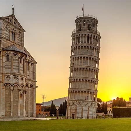 Leaning Tower of Pisa at golden sunset beside Pisa Cathedral in Italy – iconic architectural wall art for modern home or office interior décor.