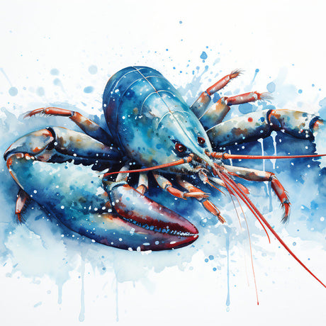 Lobster wall art featuring a vivid watercolor-style blue lobster with red antennae and splash effects, bold coastal marine life print for ocean decor