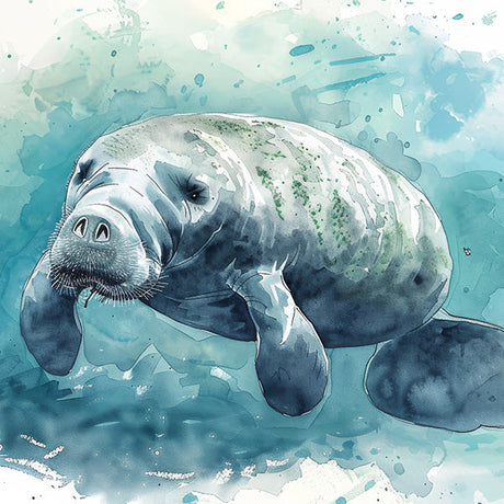Manatee wall art featuring a gentle sea cow in soft watercolor style with blue aquatic background, serene marine life print for ocean-themed home decor