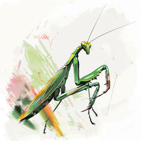 Mantis wall art featuring stylized green praying mantis illustration with abstract brushstroke background, bold insect artwork for modern nature decor