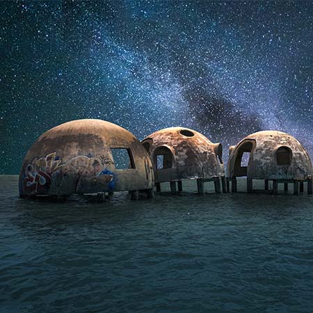 Abandoned dome houses off Marco Island, Florida under starry night sky – surreal coastal wall art for modern home or artistic office décor.
