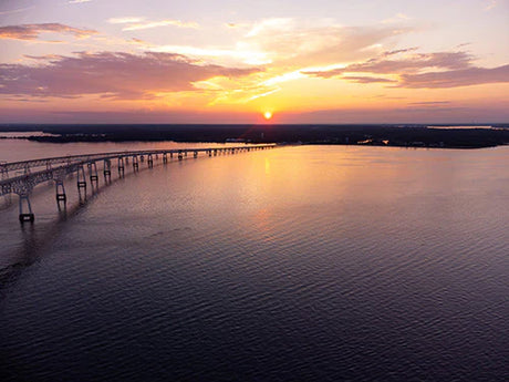 Sunset over Maryland bridge with reflective waterway in dusk, from the Maryland wall art collection