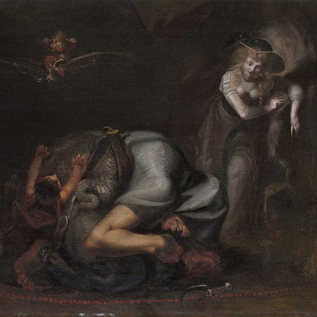 Dark Medieval painting with dramatic figures, including a fallen warrior, a mysterious woman, and mythic creatures, ideal for gothic wall decor.