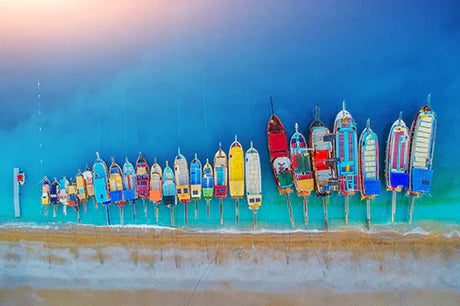 Modern art acrylic painting of a boat on Mediterranean Sea with blue ocean and beach