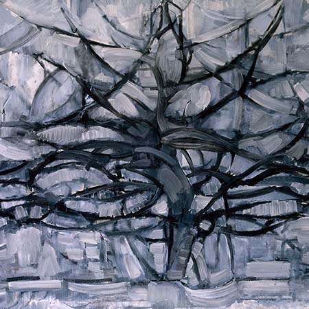 Abstract monochrome painting of a tree with bold black brushstrokes and geometric textures, ideal for minimalist modern wall decor.