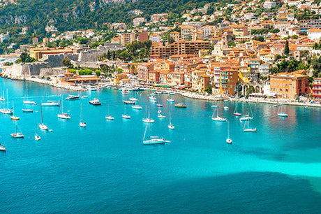 Monaco Collection wall art featuring a marina, boats, and scenic coastal landscape