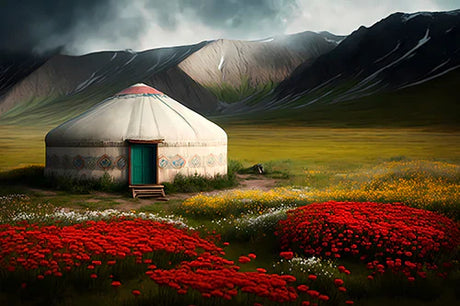 Mongolian highland steppe landscape with yurt, grassland, hills and cloud-filled sky wall art