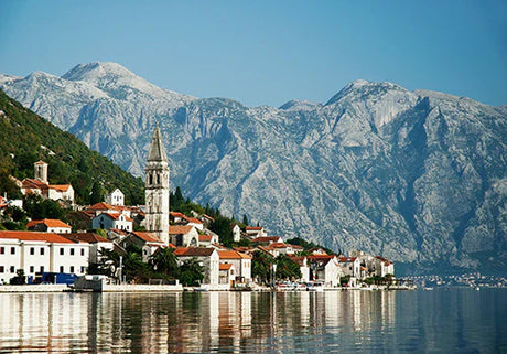 Montenegro wall art featuring a scenic mountain range, highland ridge, and coastal water resources.