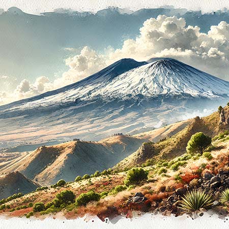 Majestic Mount Etna volcano with snow-capped peak and Sicilian landscape – nature-inspired Italian wall art for modern home or office décor.