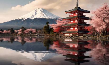 Evening view of Mount Fuji with traditional Chinese and Japanese architectural pagoda temple, reflected in volcanic landscape.