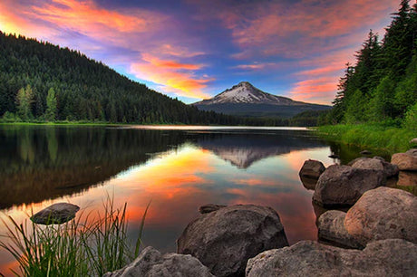 Mount Hood wall art featuring a serene lake, rugged mountains, and lush highland landscape