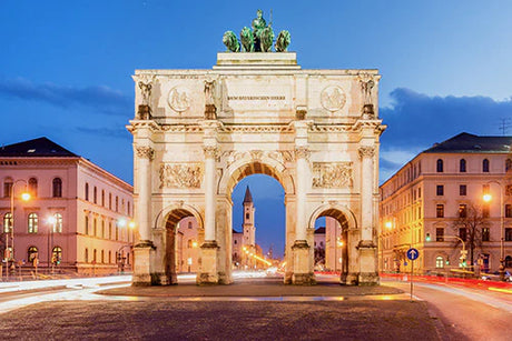 Blue-themed wall art featuring Munich's landmark triumphal arch and classical architecture facade
