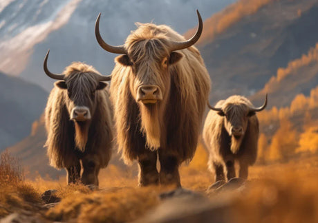 Nepalese wall art featuring a domestic yak, bull and bovinae in a pasture setting.