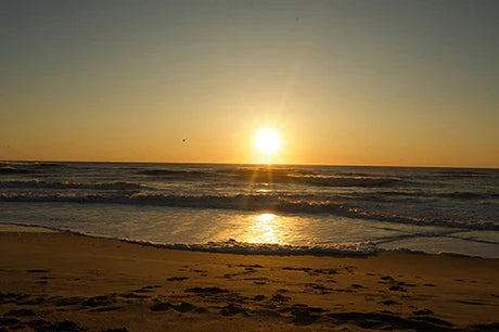 Sunset over a beach in North Carolina with yellow hues reflecting on water