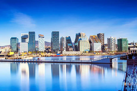 Blue daytime sky over urban metropolis with high-rise buildings in Norway wall art collection