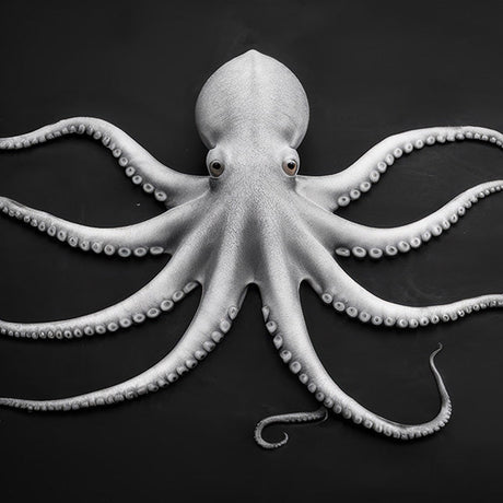 Octopus wall art featuring a detailed white octopus on a dark background, minimalist marine life print for modern ocean-inspired home decor