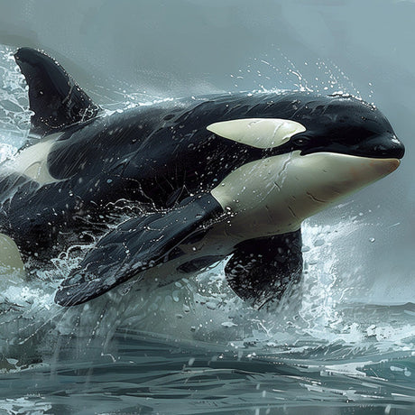 Orca wall art featuring a powerful killer whale leaping from ocean waters in dynamic detail, marine life artwork for nautical and coastal home decor