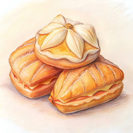 Delicious assortment of pastries, puff pastry, and baked bread from the 'Pastries' wall art collection.