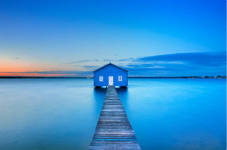 Blue ocean and pier wall art from the Perth collection featuring a dock hut and meteorological phenomenon