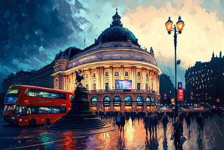 Piccadilly collection wall art featuring classical architecture and cityscape at dusk in a bustling town square