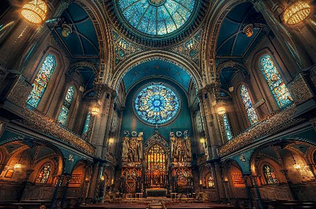 Interior design of a chapel with arched ceiling, glass lighting at a religious place of worship