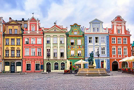 Architectural wall art of urban Poland, featuring a landmark building's facade with cityscape backdrop.