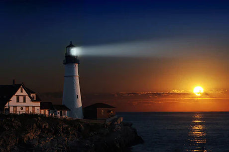 Dusk view of Portland Lighthouse beacon at night on sea coast from 'Portland' wall art collection