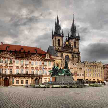 Prague wall art featuring the Gothic towers of Church of Our Lady before Týn and historic buildings in Old Town Square — Prague Wall Art Collection for European cityscape decor.