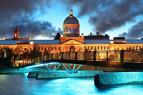 Evening view of Quebec City landmark palace dome reflecting in water, wall art