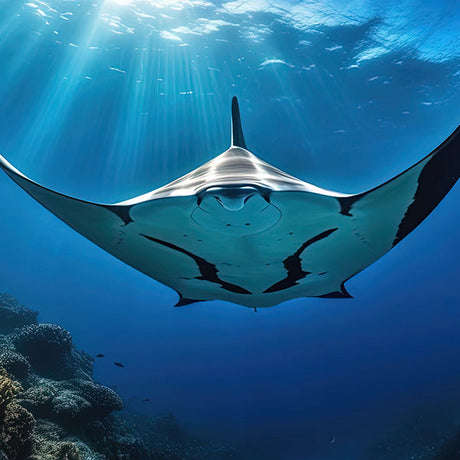Ray wall art featuring a majestic manta ray gliding through clear ocean water with sun rays above, underwater marine life print for coastal home decor