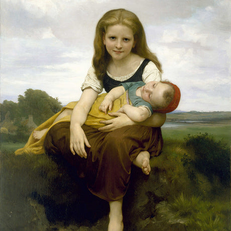 Realist painting of a young girl tenderly holding a sleeping child in a rural landscape, perfect for traditional wall art and home decor.