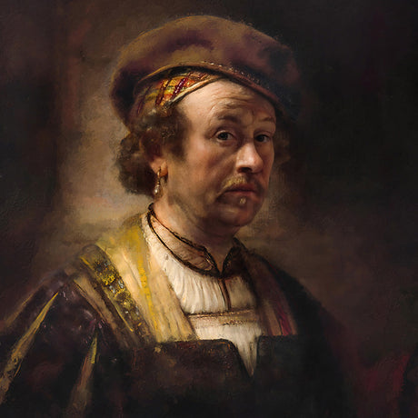 Rembrandt self-portrait wall art featuring detailed painting of face, chin, cheek, nose, and iris.