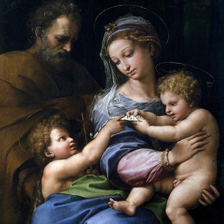 Renaissance religious painting of the Holy Family with Madonna, Child Jesus, and angels, ideal for classical sacred wall art decor.