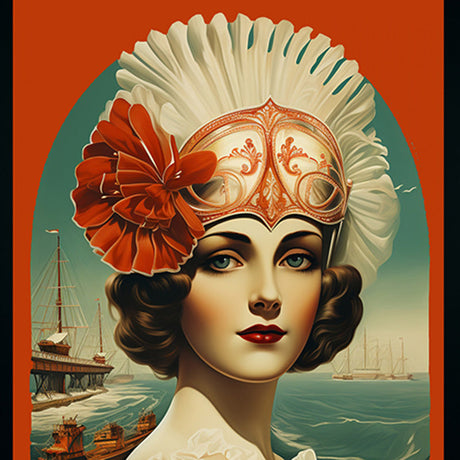 Retro vintage travel poster featuring abstract wall art of a headpiece, eye, and nose canvas print.