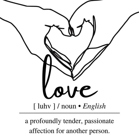Romantic Typography black and white line art canvas print featuring a heart and elegant font graphics.