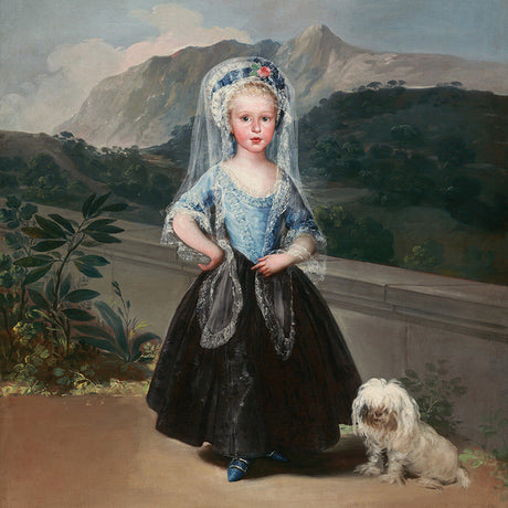 Romanticism portrait of a young girl in elegant attire with a white dog, set against a dramatic mountain landscape, perfect for vintage wall art.