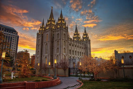 Medieval church steeple and Salt Lake City skyline wall art