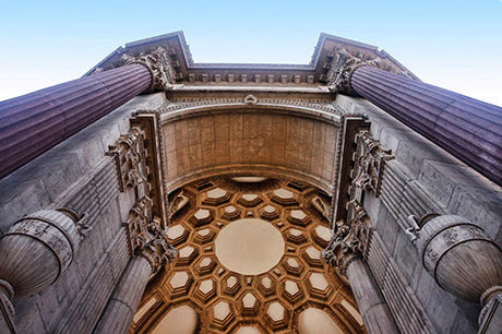 Daylighting still life photography of classical San Francisco architecture featuring symmetric columns and carvings.