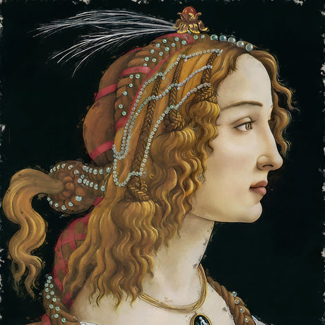 Sandro Botticelli wall art featuring a detailed portrait with long hair, jewellery, and headpiece
